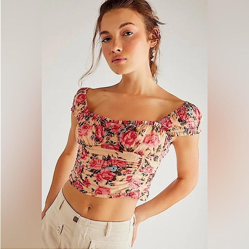 Free People Little Bloom Floral Corset Top Ivory Pink M NWOT